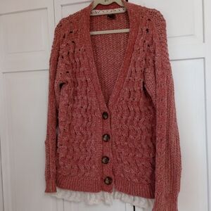 🌿🍒 Cozy Lace Hem Cable Knit Cardigan Size Large 🍒🌿